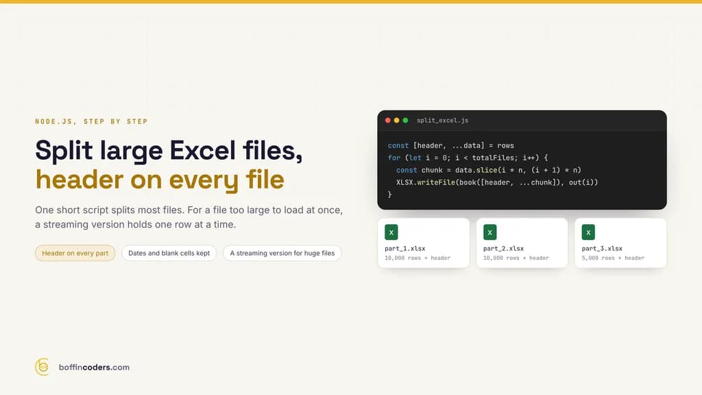 How to split a large Excel file in Node.js with the header row on every part: a short SheetJS script for most files and an ExcelJS streaming script for very large ones.