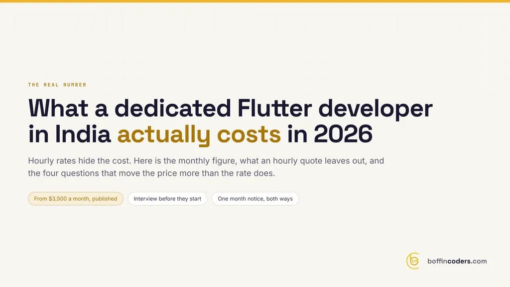 What a dedicated Flutter developer in India costs in 2026: our published monthly rate, from $3,500 a month, set against the add-ons an hourly quote leaves out.