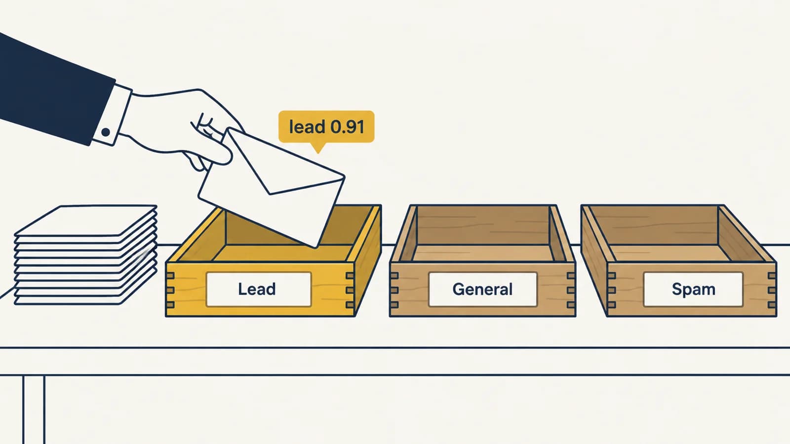 A hand dropping an envelope tagged “lead 0.91” into a tray labelled Lead, beside trays labelled General and Spam — a routing decision as a value, not a sentence.