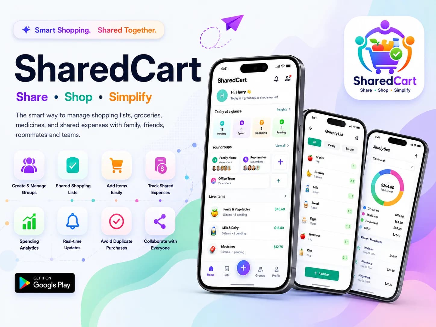SharedCart app for shared shopping lists, groceries, and expense tracking.