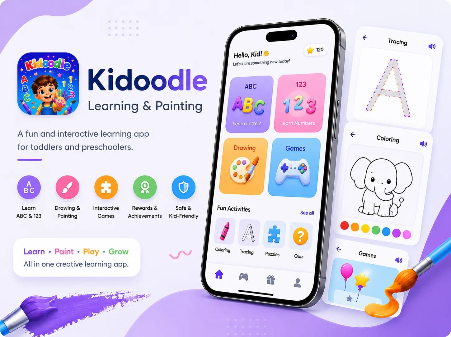 Kidoodle kids learning and painting app interface.