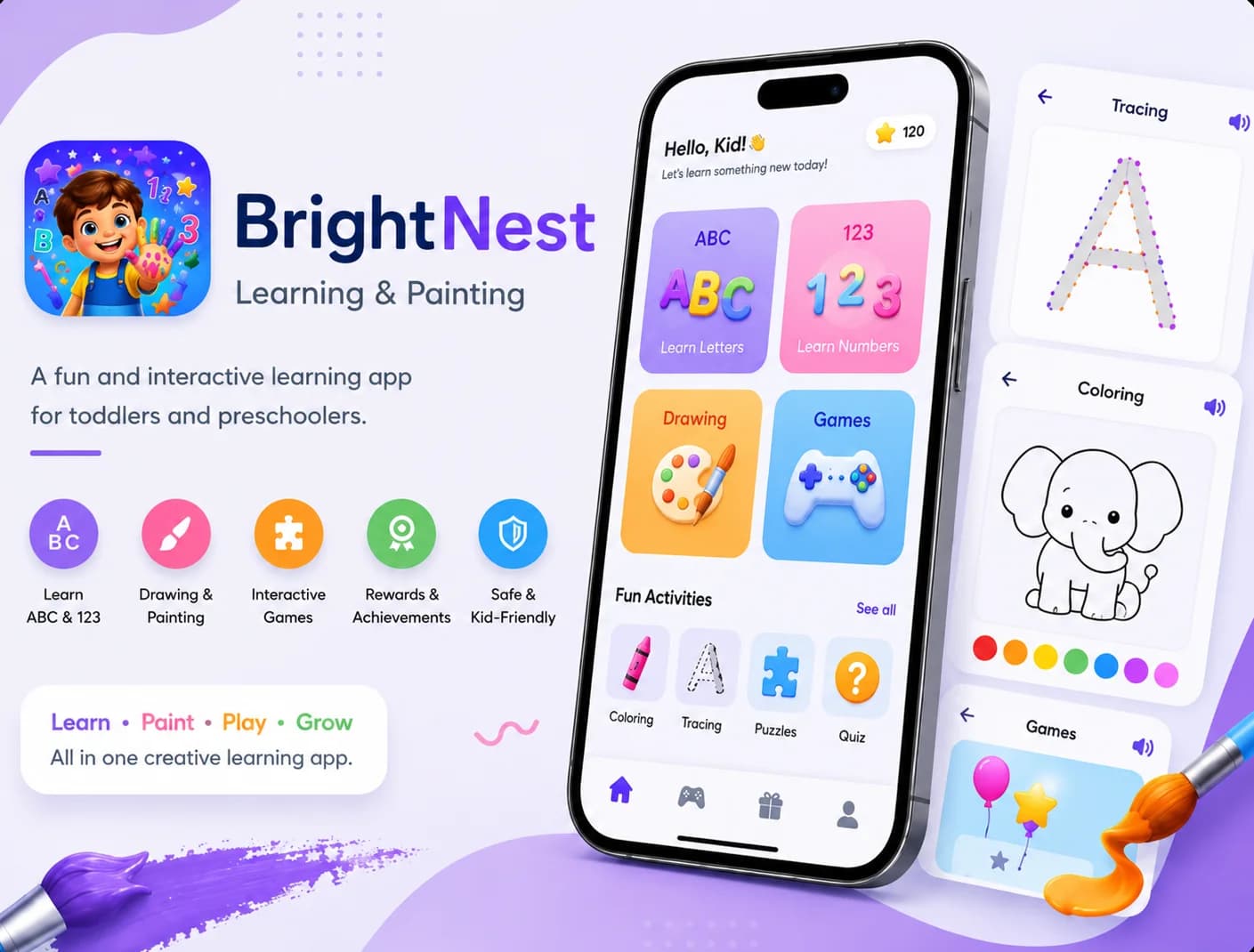 BrightNest kids learning and painting app interface.