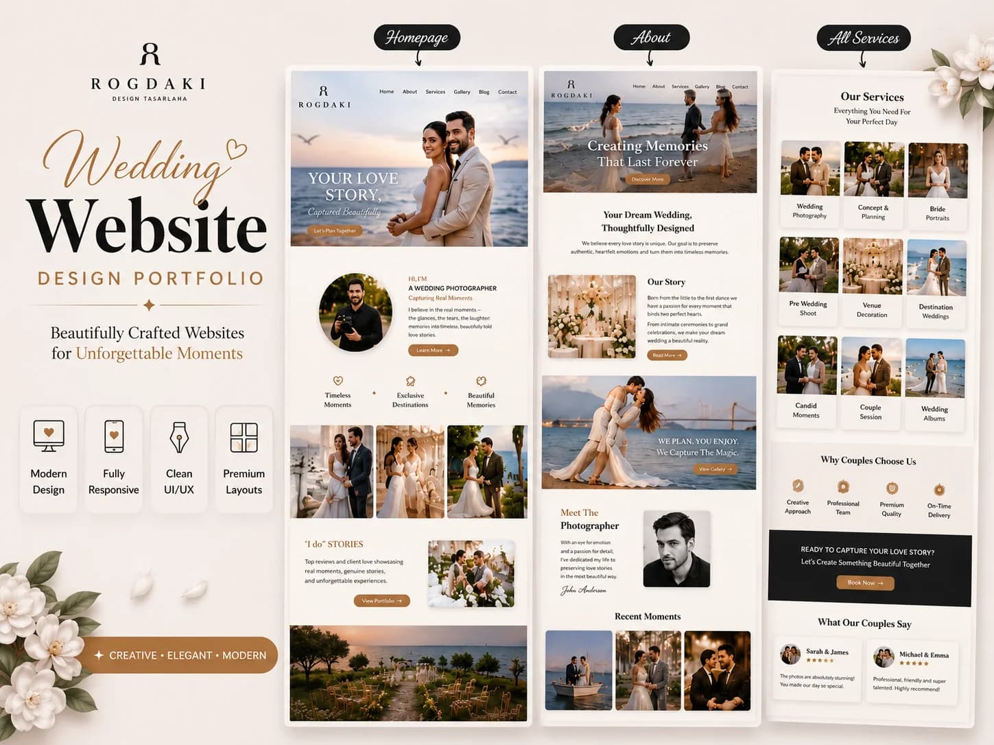 Rogdaki modern wedding website UI design portfolio.