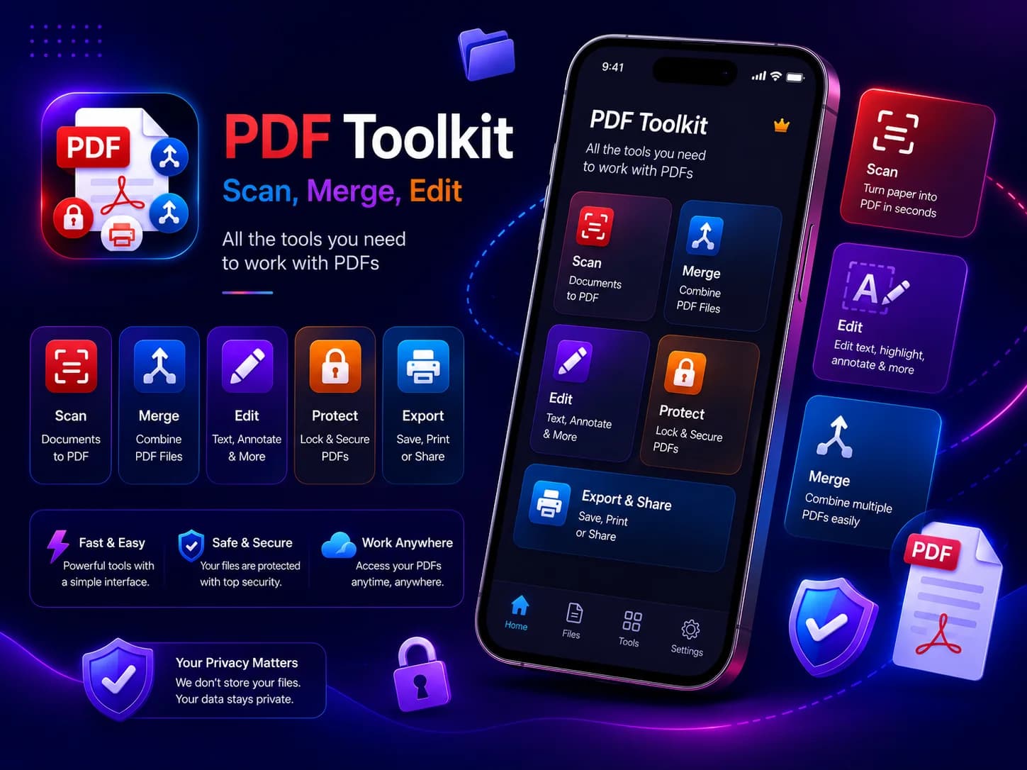 PDF Toolkit app for scanning, merging, and editing PDFs.