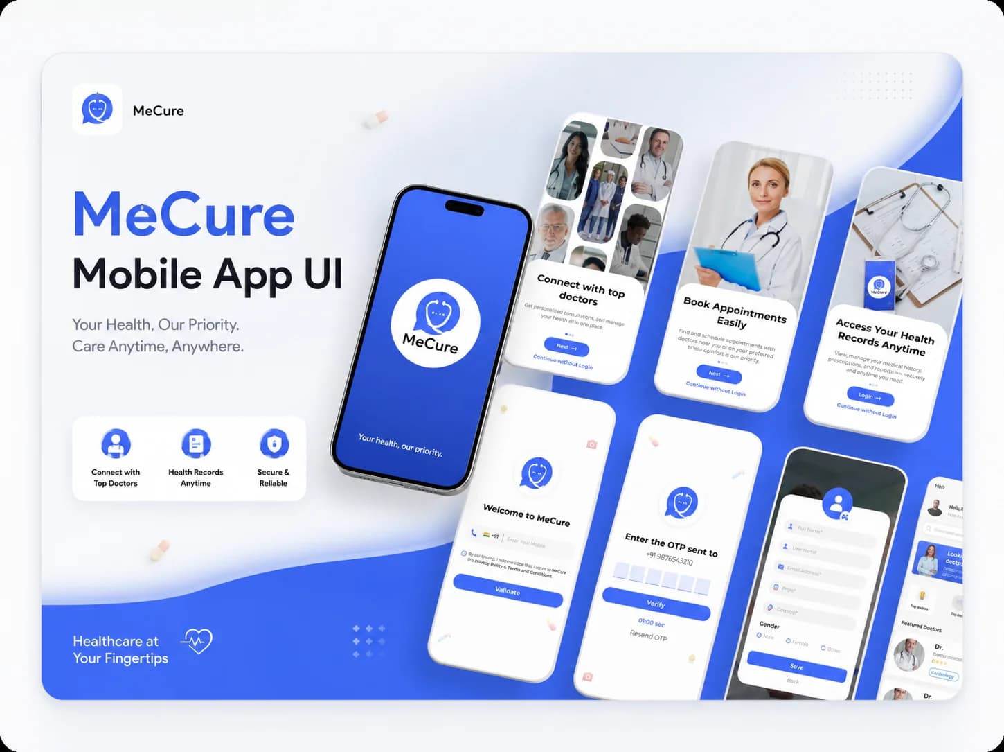MeCure healthcare mobile app UI onboarding and patient dashboard design