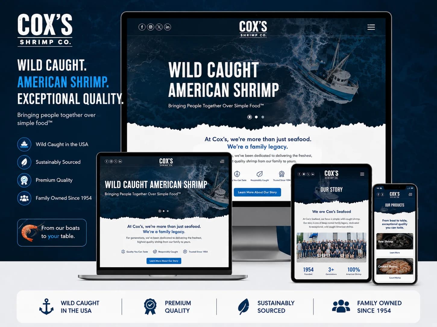 Cox’s Shrimp Co. seafood website UI mockup.