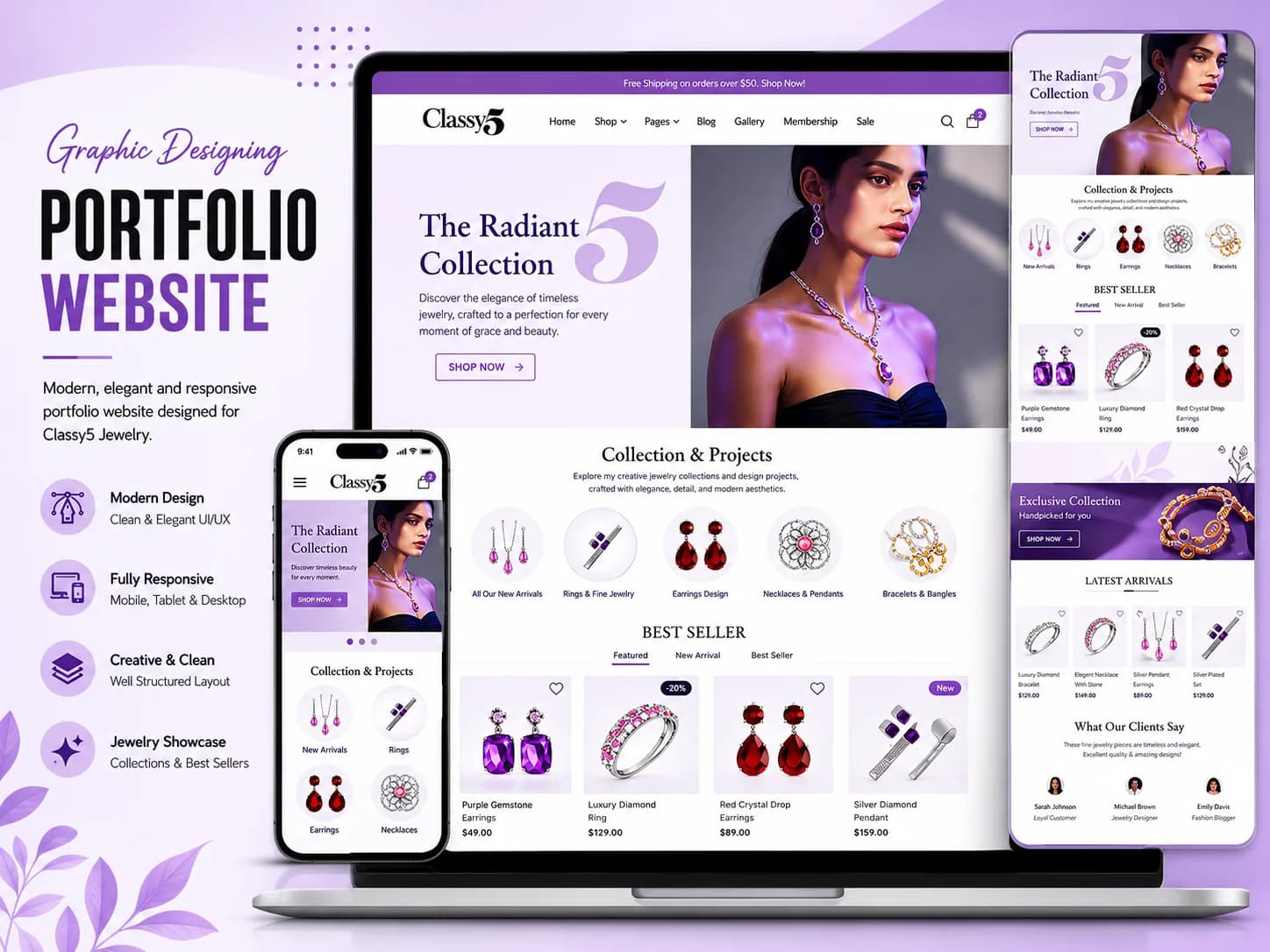 Modern jewelry website UI and graphic design portfolio.