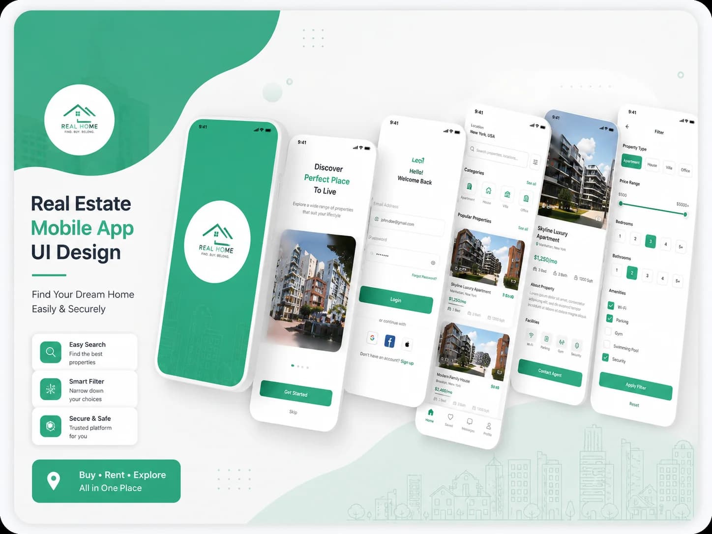 Real Home property mobile app UI screens and dashboard
