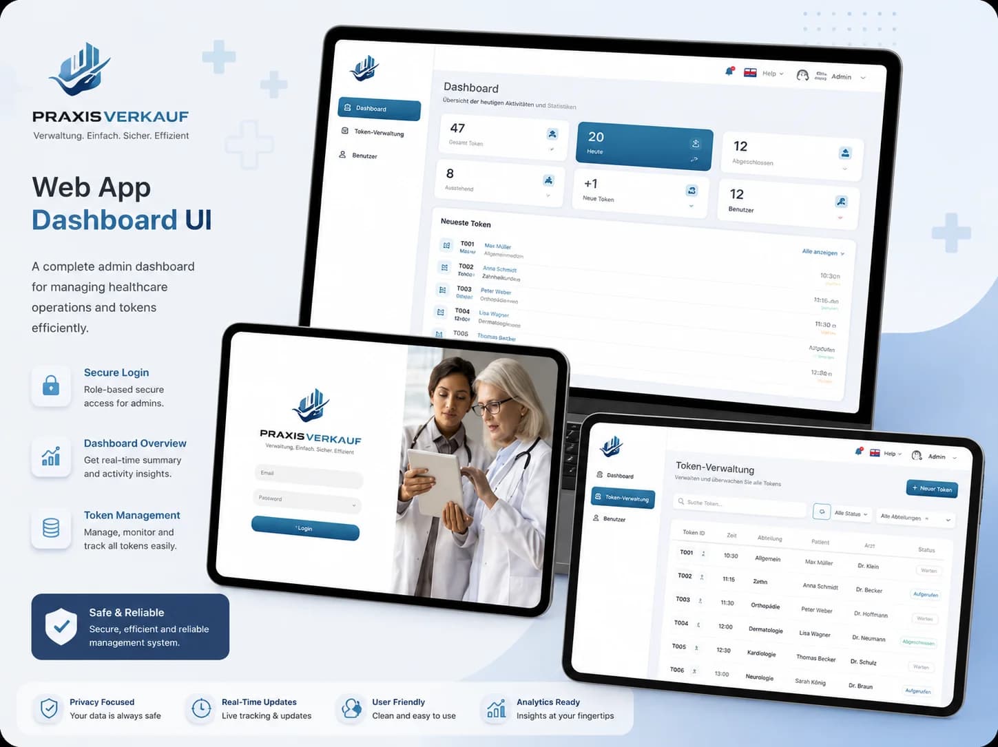 PraxisVerkauf healthcare dashboard web app UI screens