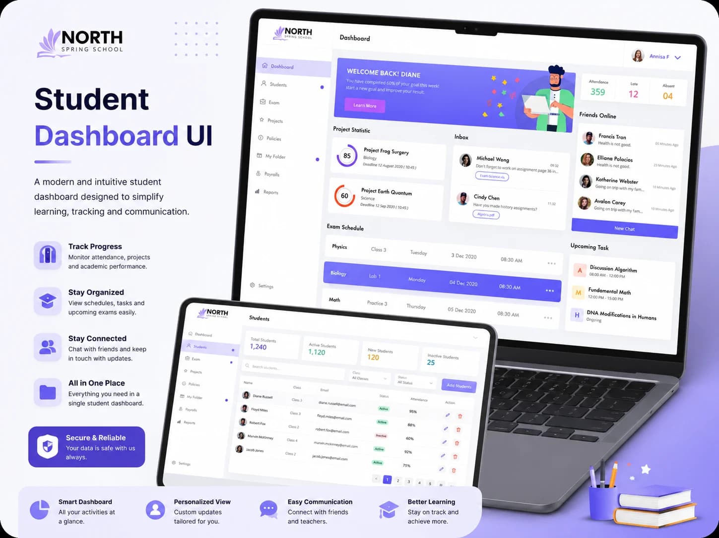 North Spring School student dashboard web app UI