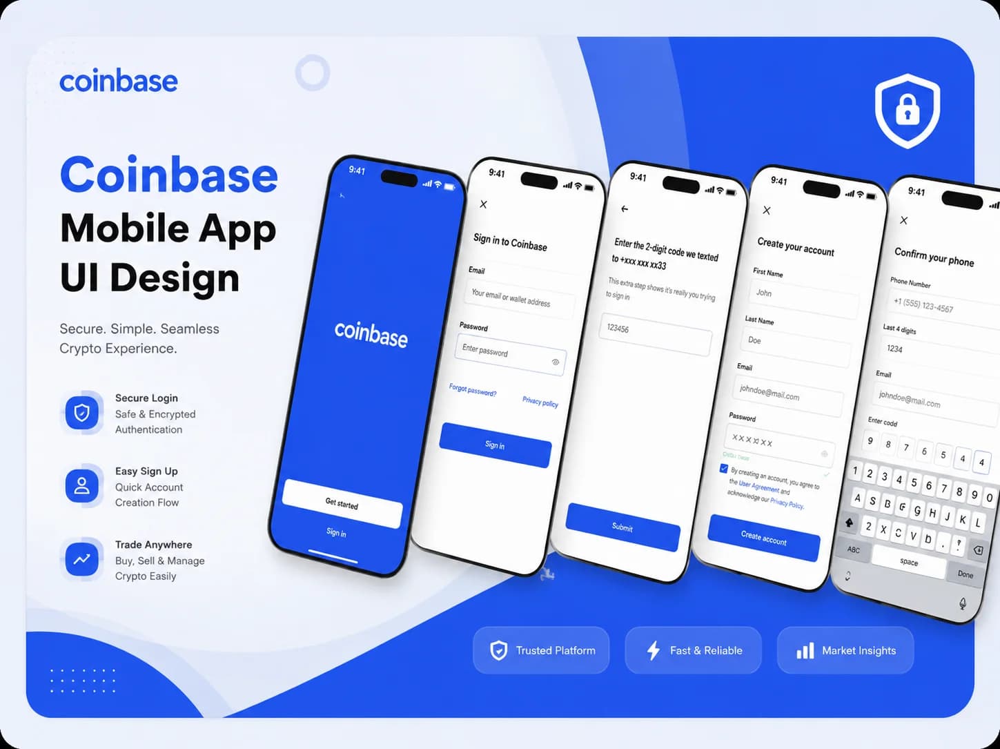 Coinbase crypto mobile app UI login and onboarding screens