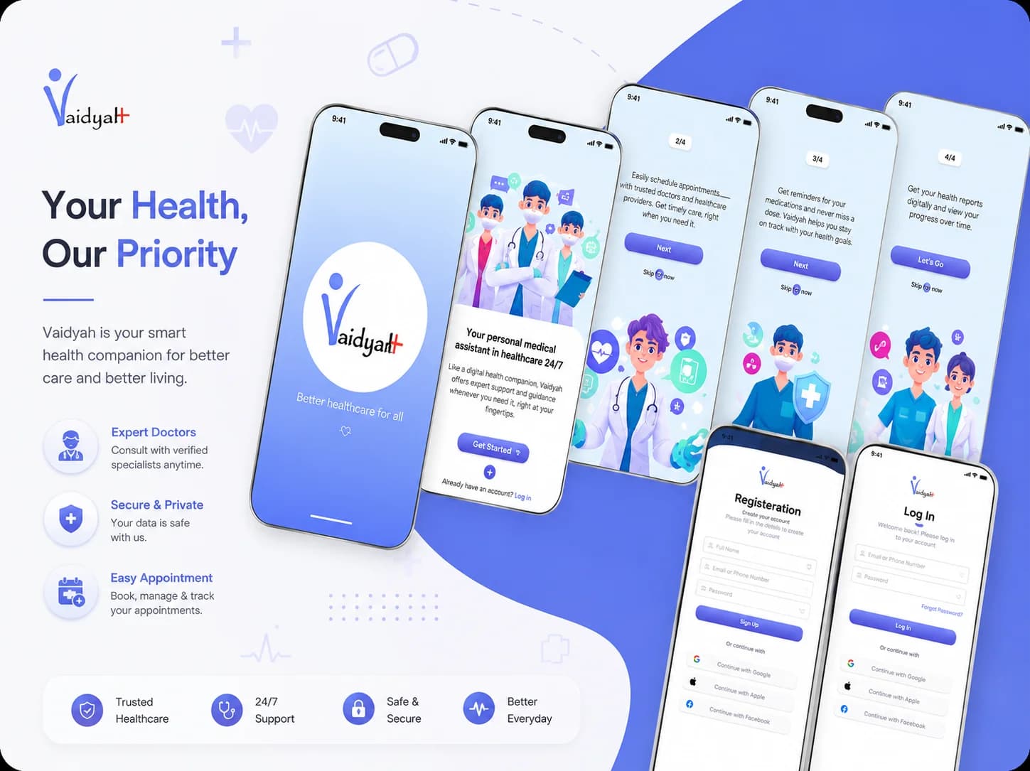 Vaidyah healthcare mobile app UI onboarding and login screens