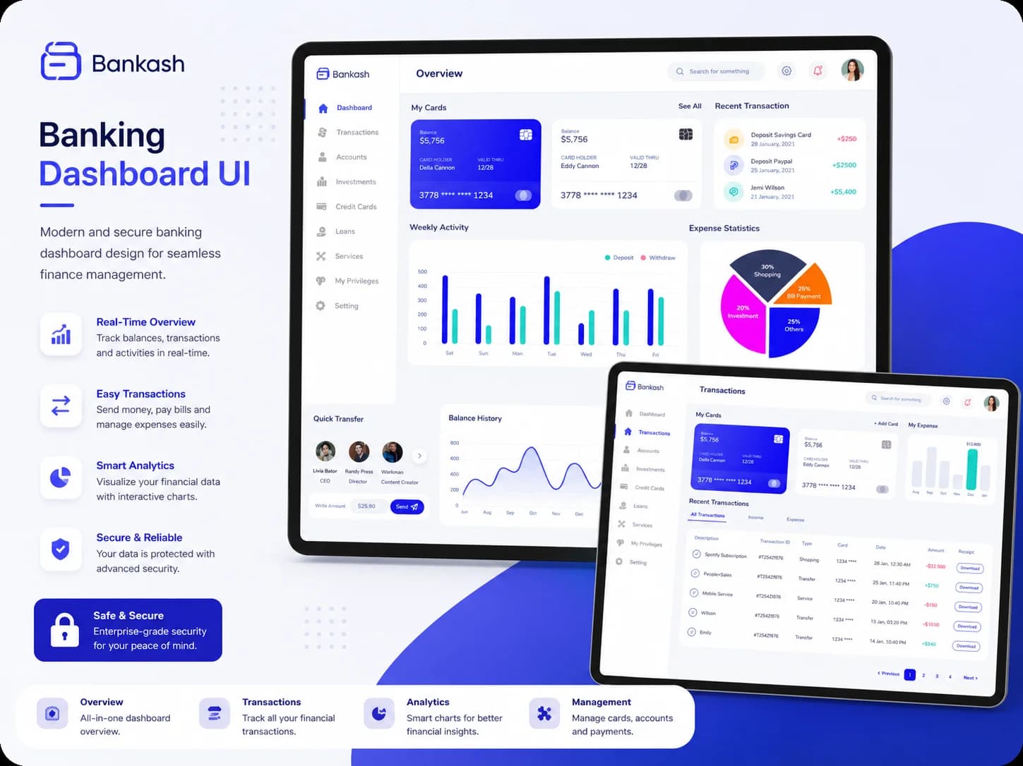 Bankash finance dashboard web app UI analytics screens