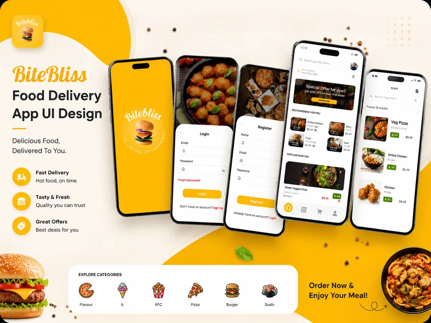 BiteBliss food delivery mobile app UI screens and dashboard
