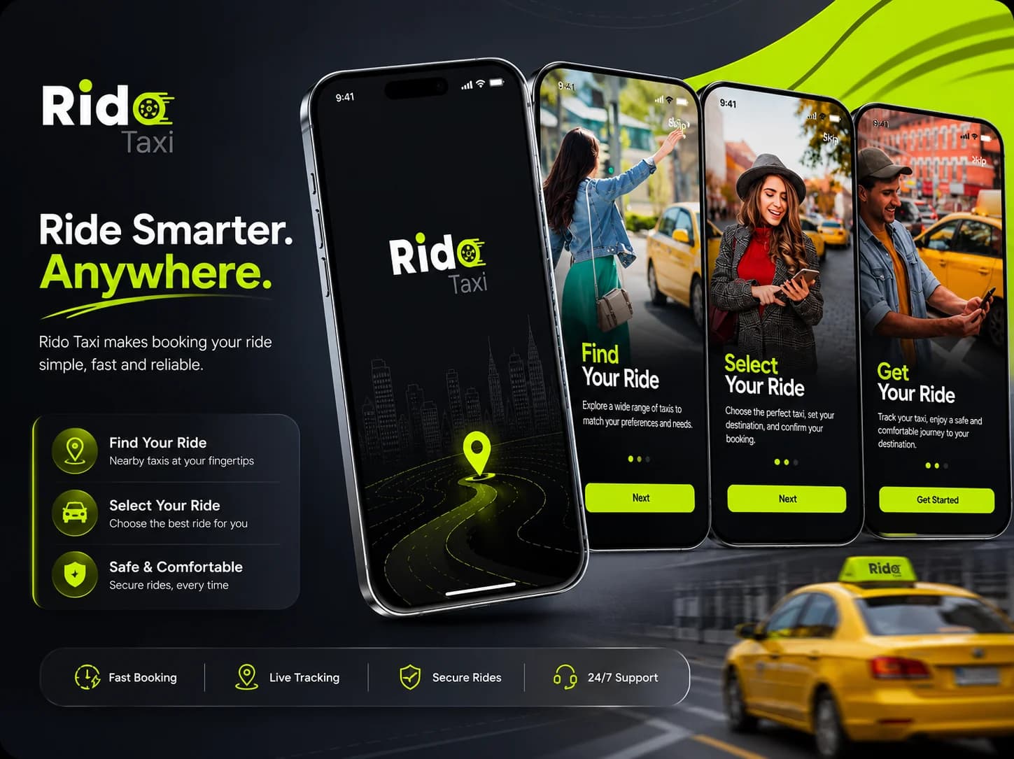 Rido Taxi mobile app UI onboarding and booking screens