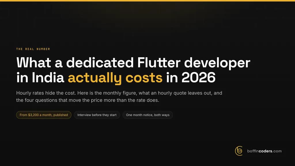 What a dedicated Flutter developer in India costs in 2026: our published monthly rate, from $3,200 a month, set against the add-ons an hourly quote leaves out.