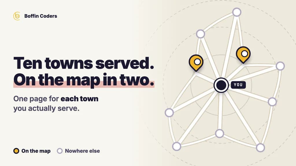 A map of ten towns around a cleaning business: gold pins on the two nearest towns, empty rings on the eight further out.