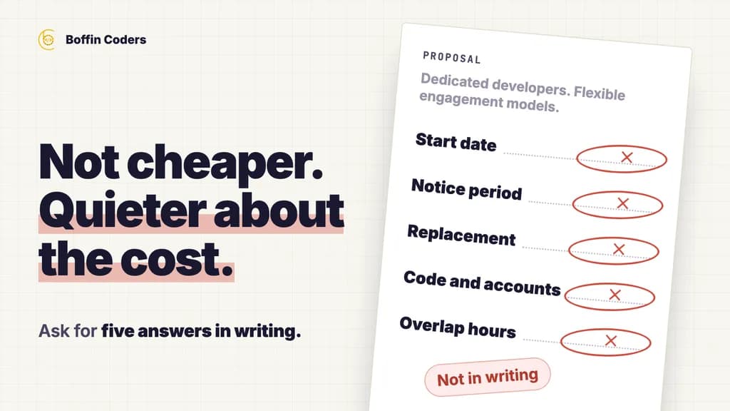 A developer proposal marked up in red pen: start date, notice period, replacement, code and accounts, and overlap hours are all left blank and circled.