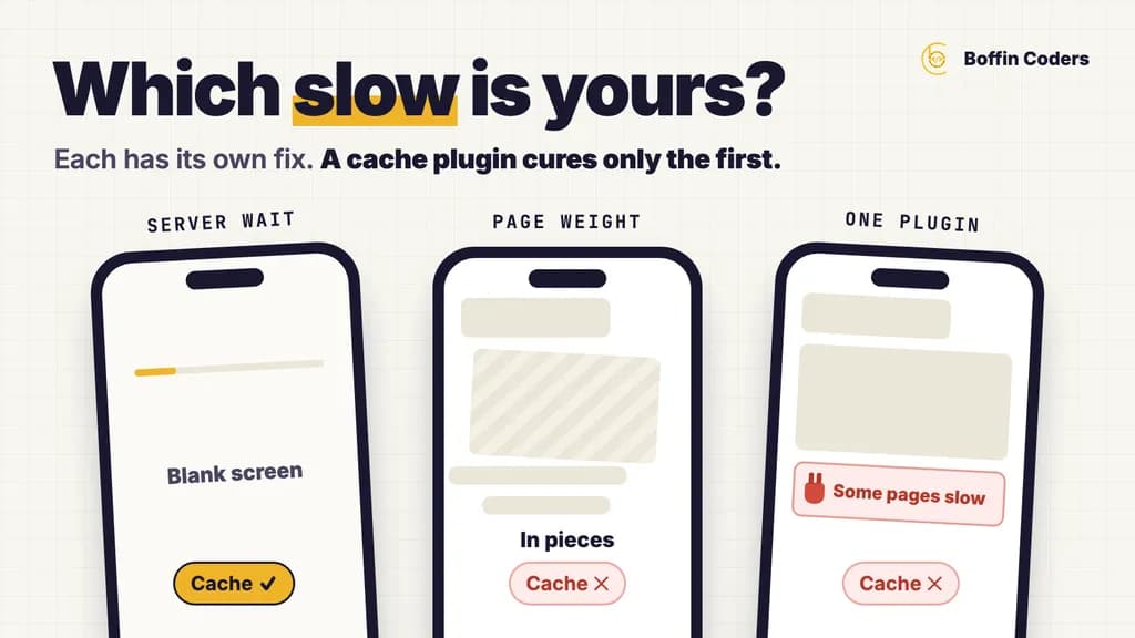 Three phones showing three kinds of slow WordPress site: a blank screen from server wait, a page loading in pieces, and one plugin slowing some pages