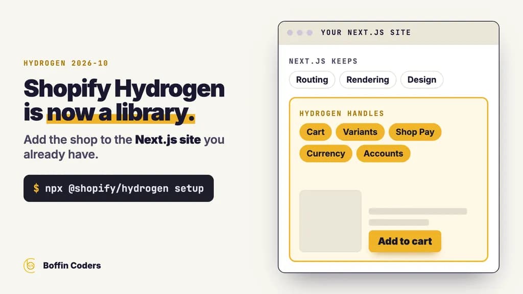 A browser window of your Next.js site: Next.js keeps routing, rendering and design, and a gold Hydrogen panel handles the cart, variants, Shop Pay, currency and accounts