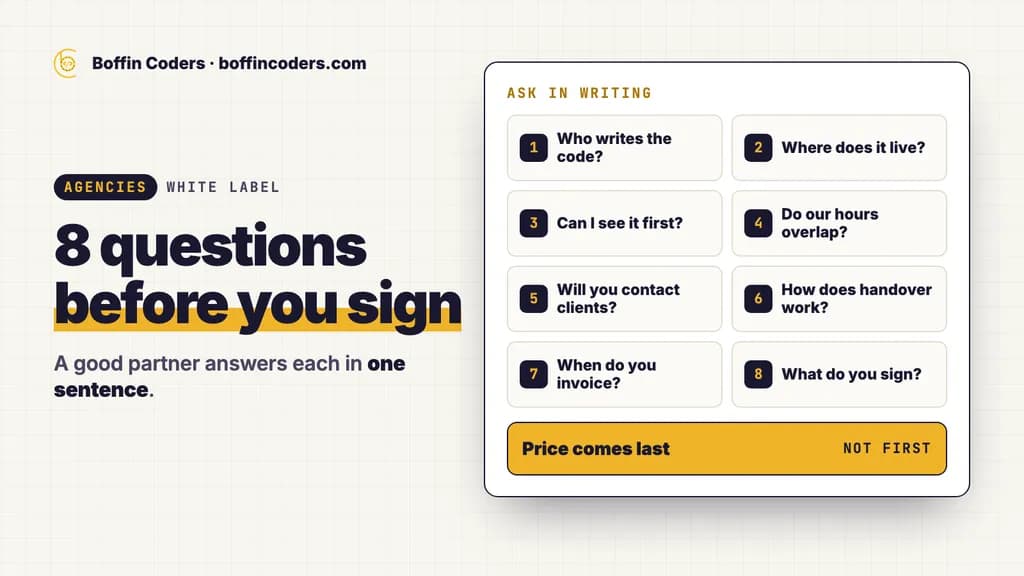 Eight questions to ask a white-label partner in writing before you sign, from who writes the code to what they sign, with price last.