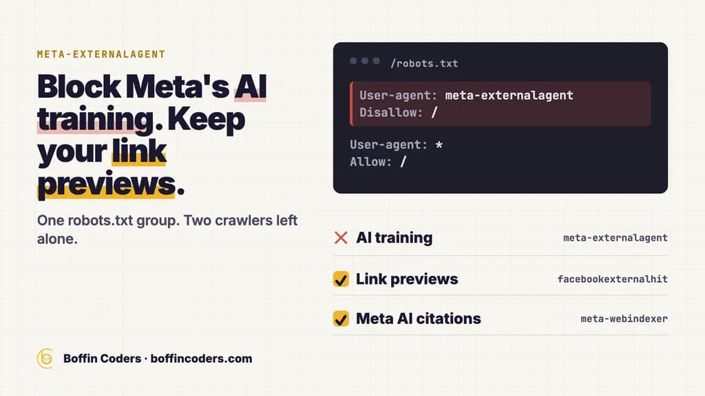 A robots.txt file that blocks meta-externalagent, with AI training crossed out and link previews and Meta AI citations ticked
