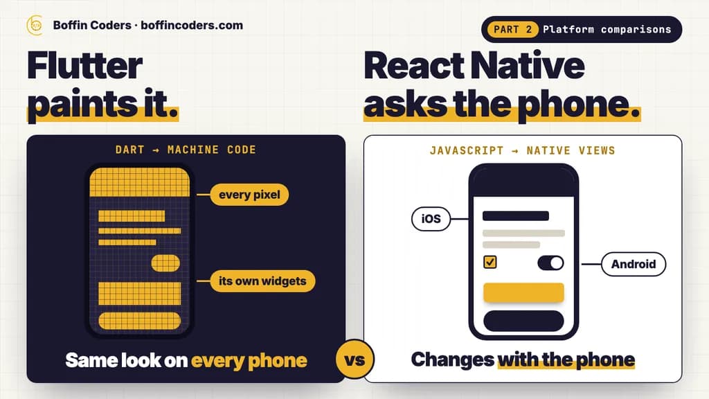 Two phones side by side under the words Flutter paints it and React Native asks the phone, one screen painted pixel by pixel and the other using native iOS and Android controls.