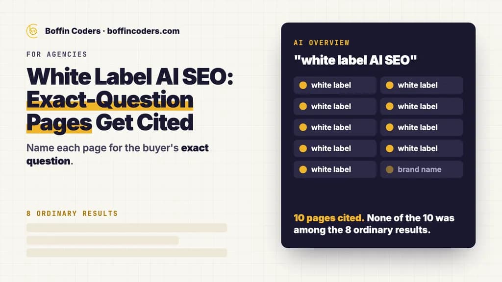 White label AI SEO: Google's AI Overview for "white label AI SEO" cited 10 pages, 9 titled "white label", none among the 8 ordinary results.