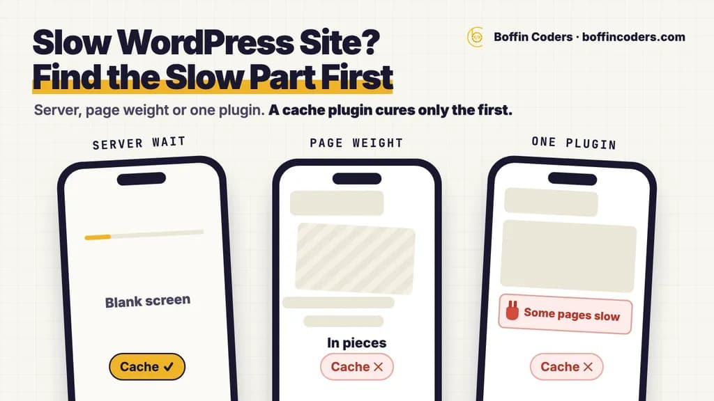 Speed up a WordPress site: three phones show server wait, page weight and one slow plugin, and a cache plugin fixes only the server wait.