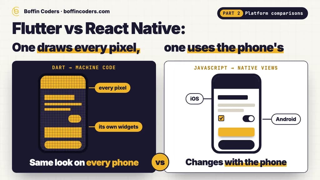 Flutter vs React Native: Flutter draws every pixel for the same look on every phone, React Native uses the phone's own iOS and Android views.