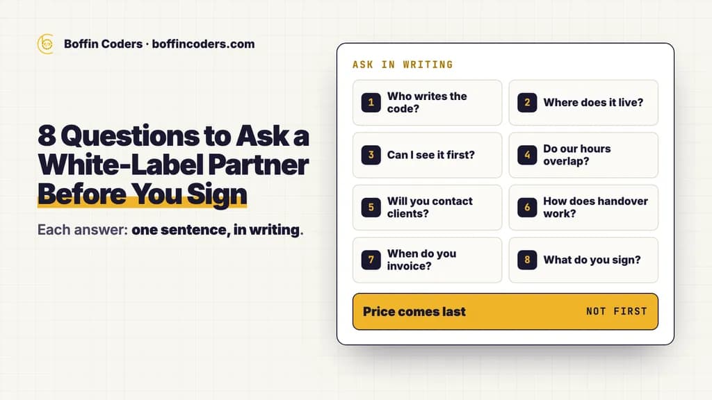 Questions to ask a white-label partner before you sign: eight questions asked in writing, from who writes the code to what they sign, with the price last.