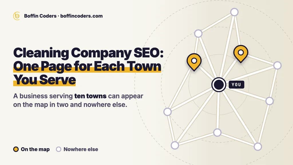 SEO for cleaning companies: a map of ten towns around the business, on the map in two of them and nowhere else, with one page for each town it serves.