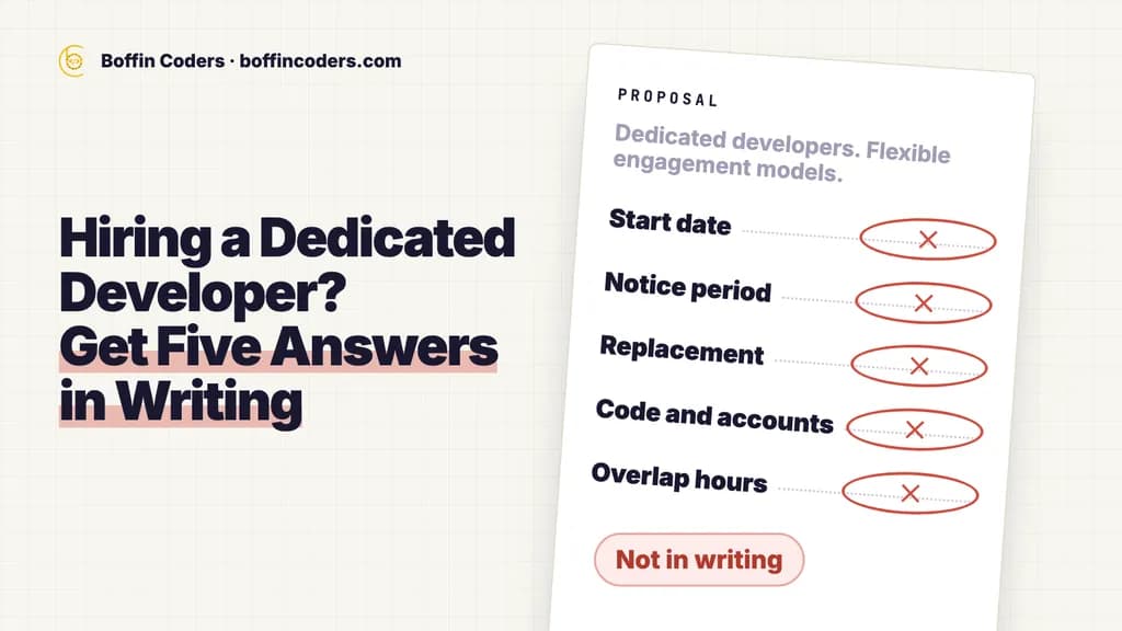 Questions to ask before hiring a dedicated developer: a proposal where start date, notice period, replacement, code and accounts and overlap hours are not in writing.
