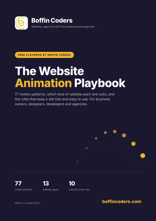 Cover of the Website Animation Playbook by Boffin Coders: 77 motion patterns, 13 website types and 10 rules for every site.
